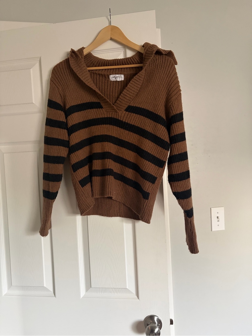 Carly Jean Los Angeles Brown & Black Striped V-Neck Hooded Sweater